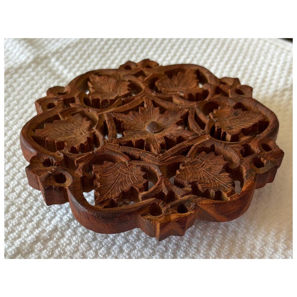 Vintage Hand Carved Wood Grapevine Trivet Hot Plate Marked India 6" Rustic